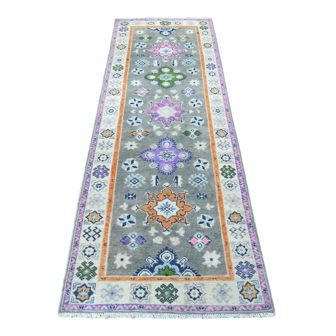 Gray Fusion Kazak Tribal Design Pure Wool Hand Knotted Runner Rug (1 of 6)