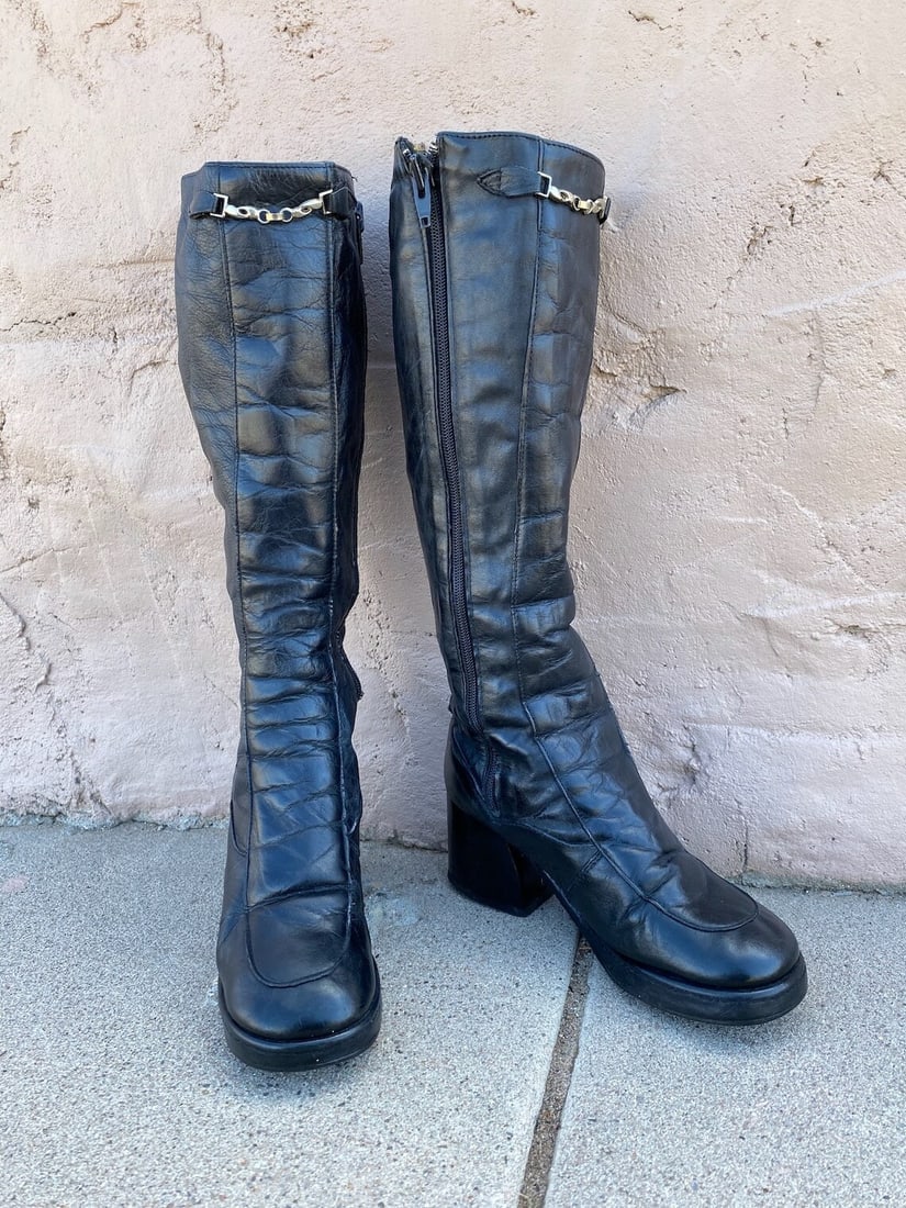 Vintage 1990s Y2K Black Leather Platform Boots Sz 7M (1 of 10)