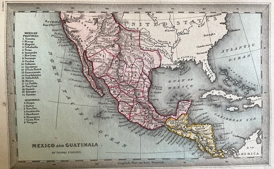 Title: 1834 Mexico, with Texas and Central America by Thomas Starling Date/Period: 1834 Materials:: Title: 1834 Mexico, with Texas and Central America by Thomas Starling Date/Period: 1834 Materials: Hand colored, steel engraved Size: 6 1/2 x 4 inches. This map presents a massive Mexico including Tex