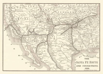 Title: Santa Fe Route and Connections. Publication Date: 1888 Cartographer: RAND, MCNALLY & CO.: Title: Santa Fe Route and Connections. Publication Date: 1888 Cartographer: RAND, MCNALLY & CO. Publisher: A.T. & S.F. RY CO. Height: 6.8 Width: 9.75 Annual repoprt map. Detailed Reserve: $50.00 Shipp