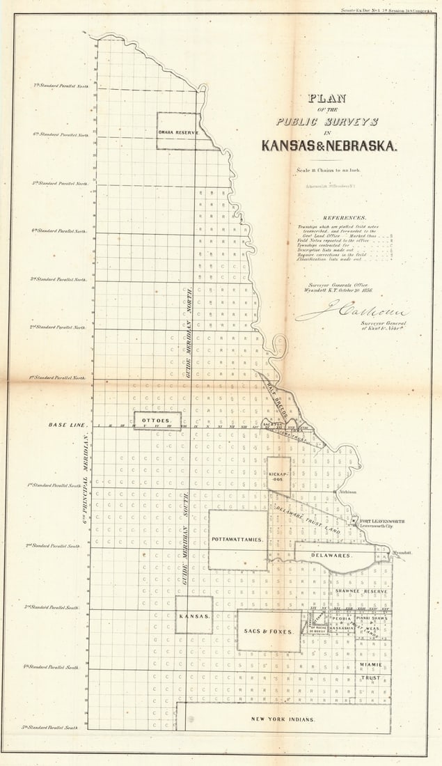 Title: Plan of the Public Surveys in Kansas and Nebraska Publication Date: 1856 Cartographer:: Title: Plan of the Public Surveys in Kansas and Nebraska Publication Date: 1856 Cartographer: CALHOUN, J. Publisher: Ackerman Lith. Height: 19.2 Width: 11.5 Survey map including Indian reserves. Reser
