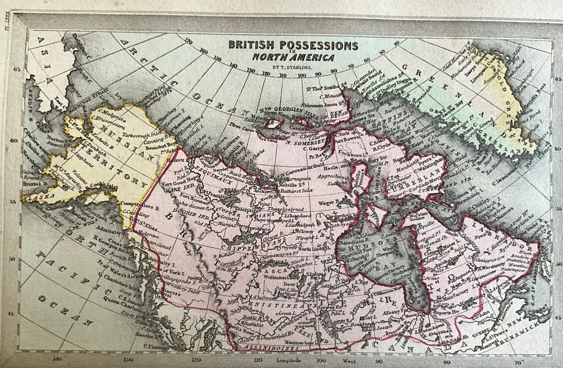 Title: 1834 Canada and Russian Alaska by Thomas Starling Date/Period: 1834 Materials: Hand colored,: Title: 1834 Canada and Russian Alaska by Thomas Starling Date/Period: 1834 Materials: Hand colored, steel engraved Size: 6 1/2 x 4 inches. This map features Canada and Russian Alaska as depicted in 18
