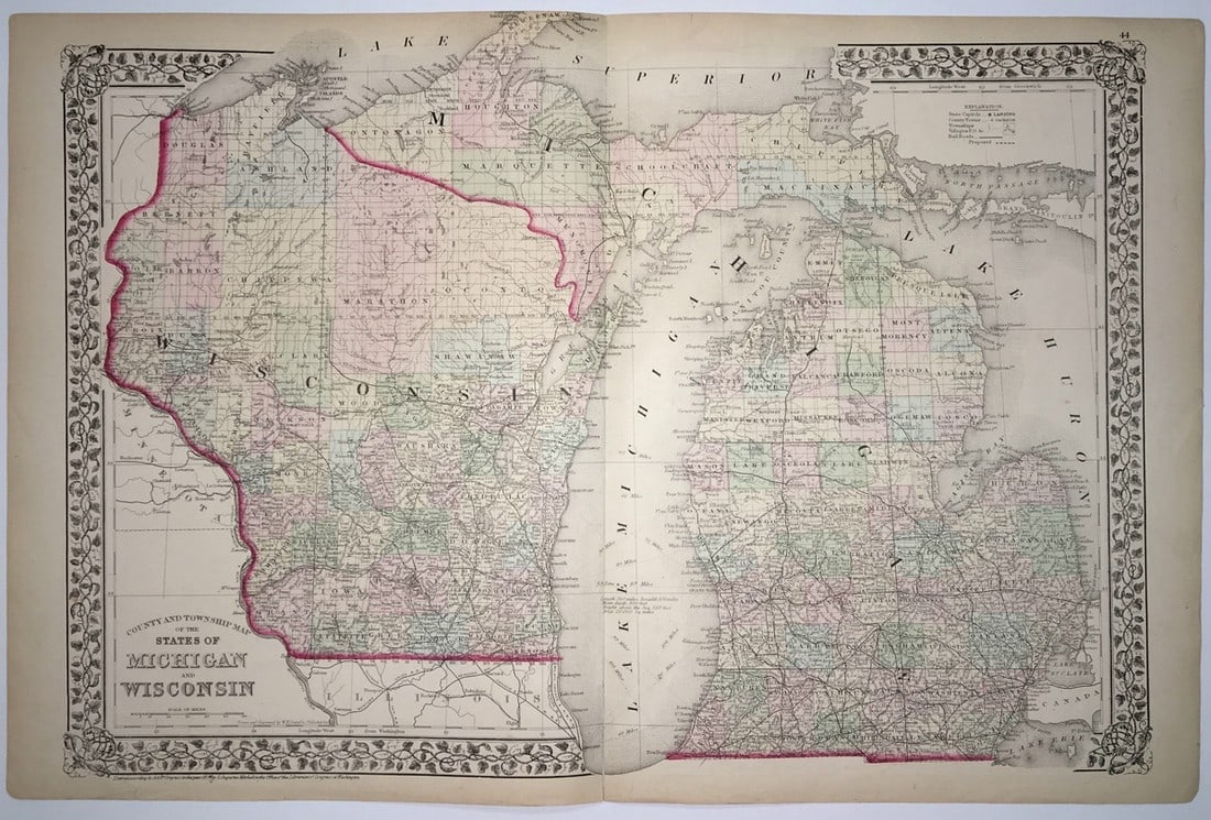 Title: County and Township Map of the States of Michigan and Wisconsin Publication Date: c1874: Title: County and Township Map of the States of Michigan and Wisconsin Publication Date: c1874 Cartographer: GAMBLE, W. H. Publisher: S. Augustus Mitchell, Jr. Height: 14.5 Width: 20.75 Railroads show