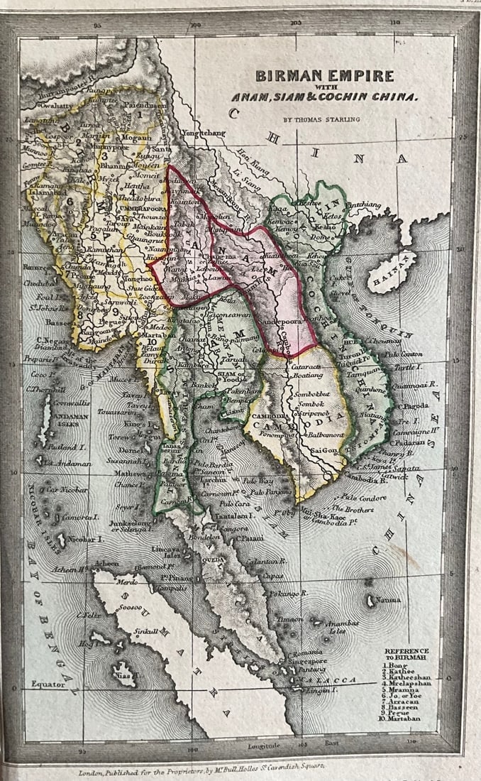Title: 1834 Southeast Asia from Burma to Vietnam by Thomas Starling Date/Period: 1834 Materials:: Title: 1834 Southeast Asia from Burma to Vietnam by Thomas Starling Date/Period: 1834 Materials: Hand colored, steel engraved Size: 6 1/2 x 4 inches. This map captures the regions of Burma, Cambodia,