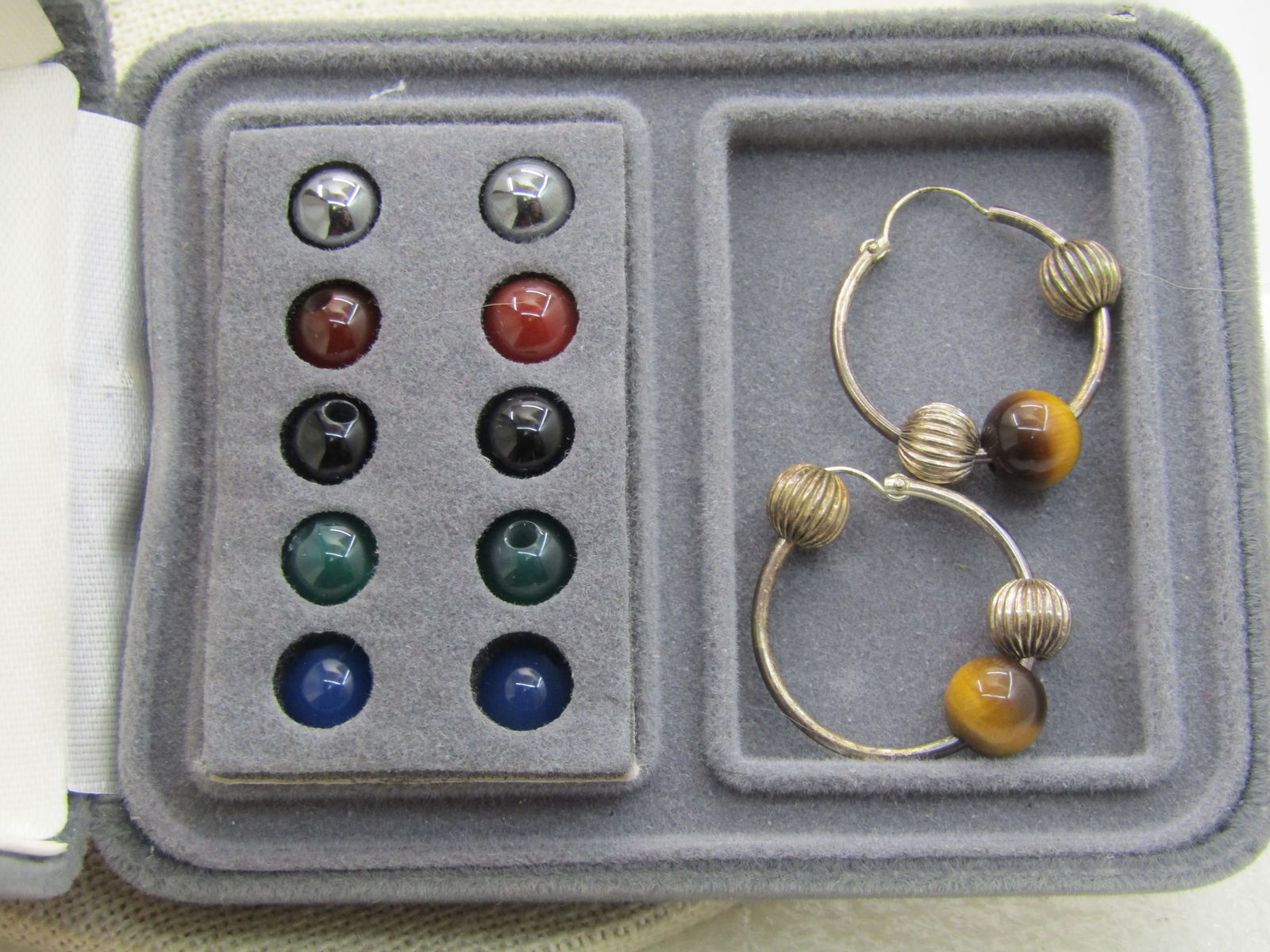 Vintage Sterling Silver Hoop Earring, Interchangeable Stones, Tiger's Eye, Carnelian Plus 4 More (1 of 3)
