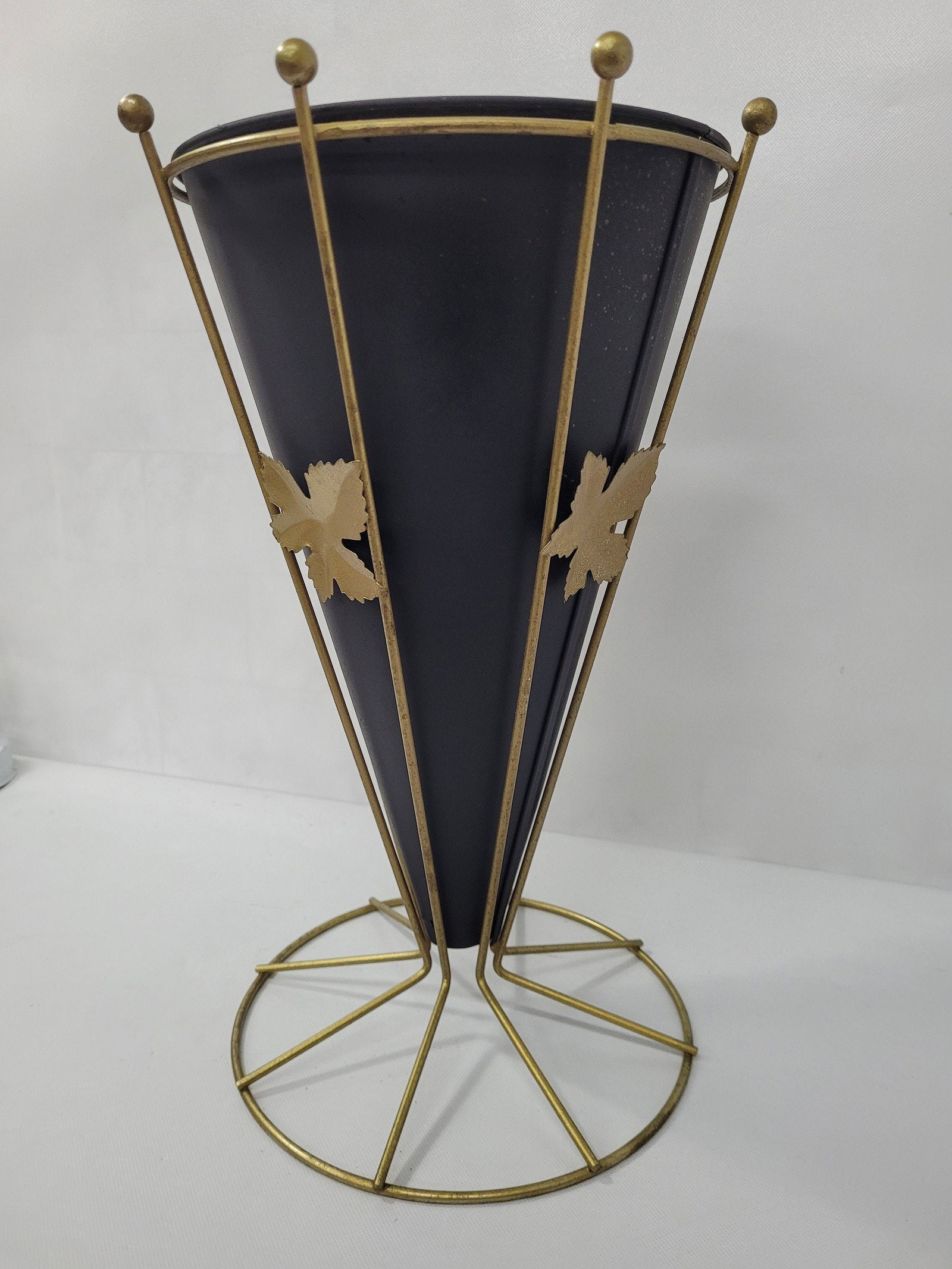 Vintage mid century atomic cone black gold umbrella stand cane walking sticks metal leaves (1 of 9)