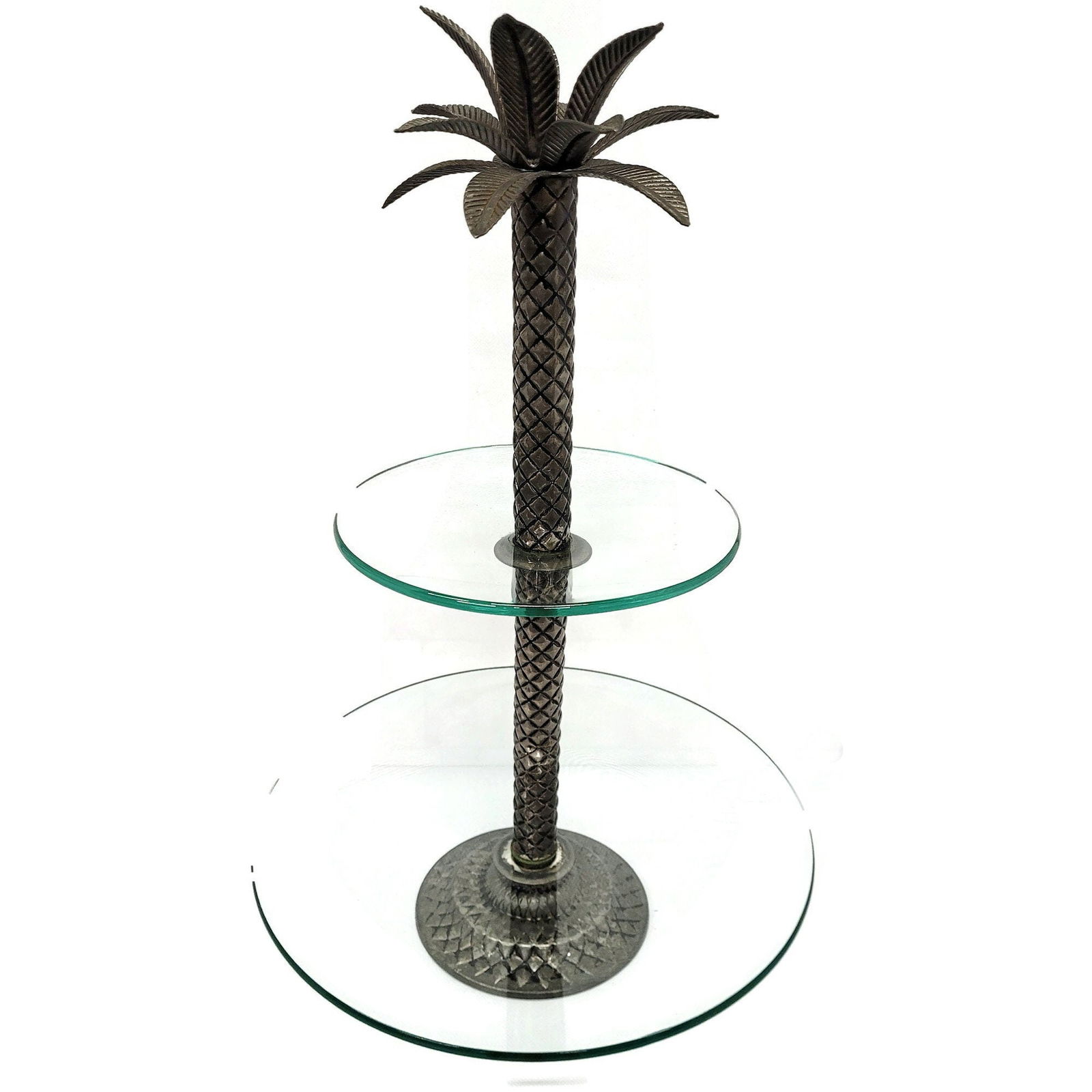 Vintage 2 Tier Silver Serving Tray Table Top Tower Clear Glass Palm Tree Center Post Modern (1 of 10)