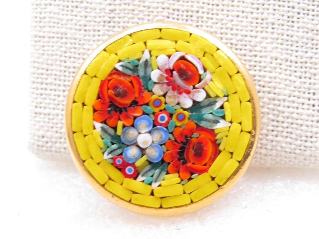 Vintage Yellow Floral Micromosaic Brooch, Italy, 1.25" Round, 1960's (1 of 5)