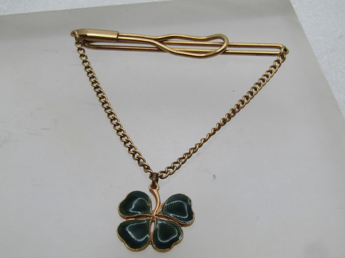 Vintage Enameled Shamrock Tie Bar/Chain, 1950's-1960's, 10kt G.F.: Vintage Enameled Shamrock Tie Bar/Chain, Four-Leaf Clover - Good Luck, Luck of the Irish. 1950's-1960's, 10kt G.F.. The tie bar tests as 10kt gold filled. It is appx. 2.5" wide with a 2mm wide curb li