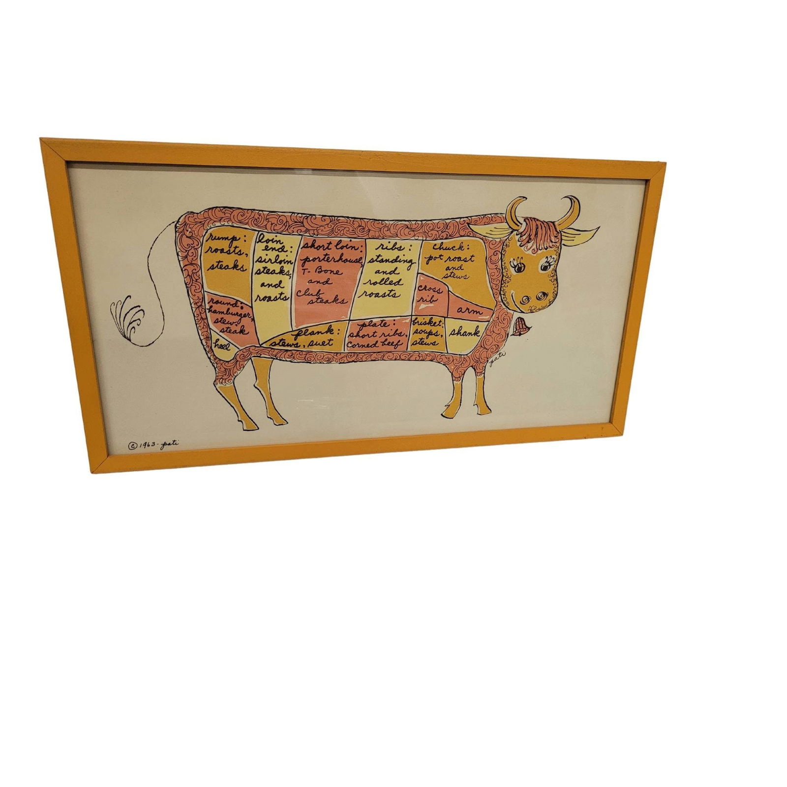 Vintage mid century modern signed print hand colored lithograph, framed orange wood cow type of (1 of 8)