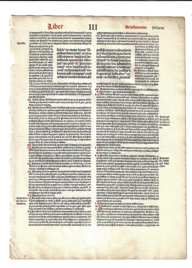1501 Law Leaf Canterbury Lynewood: A leaf from "Provinciale Seu Constitutiones Anglie", by William Lyndewood, printed at Paris by Andre Bocard in 1501. In red and black, the leaf with Ecclesiastical laws established at Canterbury in th