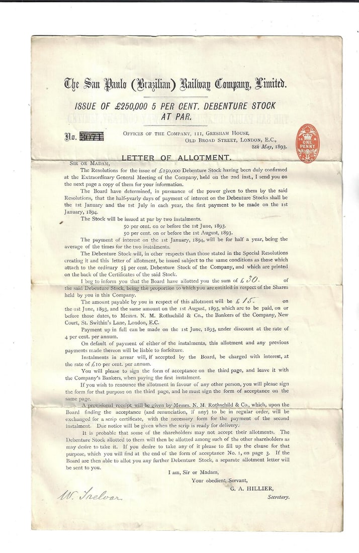 1893 Sao Paulo Brazil Railway Stock Debentiure (1 of 2)