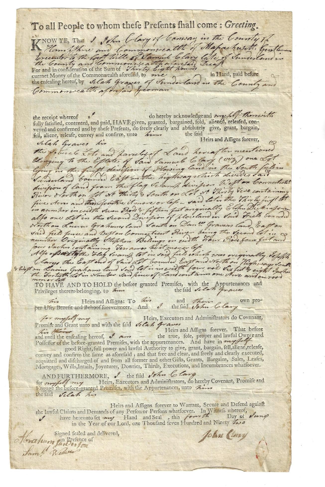 1792 Massachusetts Deed Land in Sunderland (1 of 2)