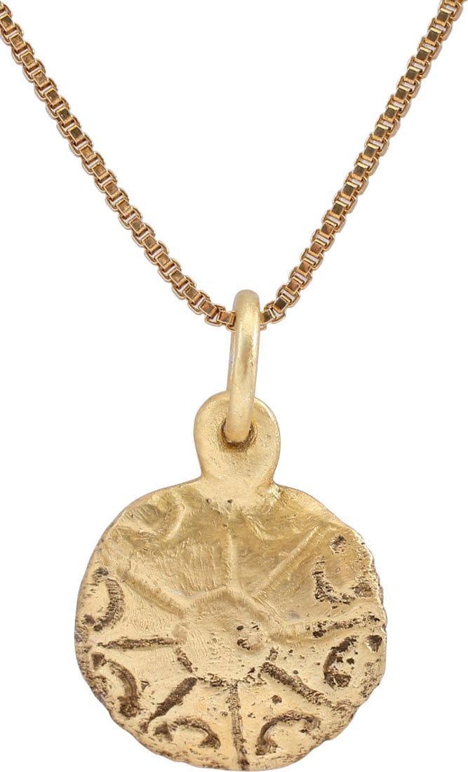 ROMAN/MEDIEVAL PAGAN WOMAN'S PENDANT NECKLACE: 5th-8th century AD, the period of the Fall of Rome and the onset of the Dark Ages. About ¾” in diameter with a central dome and radial spheres on stalks, depicting the Rota Fortunae (Wheel 