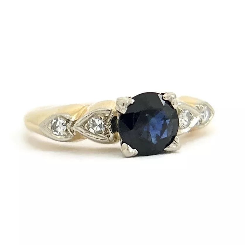 Vintage 1940's 1950's Round Blue Sapphire Diamond Ring 14K Yellow Gold, 3.20 Gr (1 of 8)
