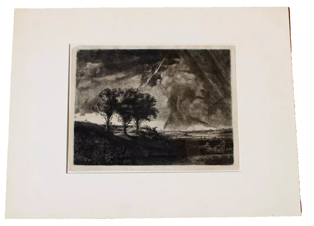 WILLIAM BAILLIE (1723-1810) Engraving Landscape after Rembrandt compare at $904: CAPTAIN WILLIAM BAILLIE (1723-1810). Die drei Baume (The Three Trees), Landscape with THREE TREES after Rembrandt, engraving on chain laid paper, initialed on the plate center left in design, inscribe