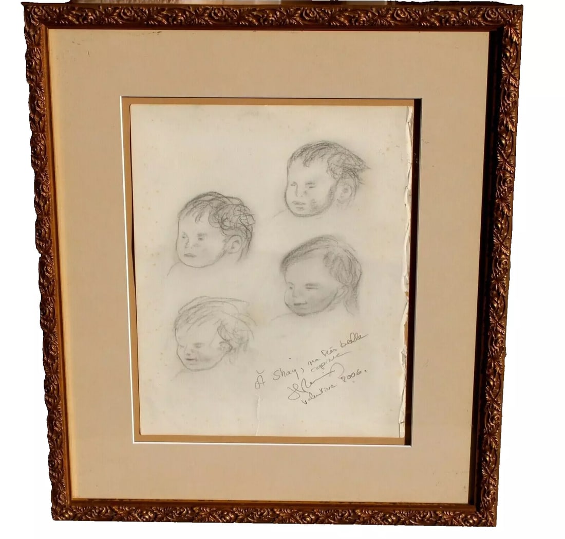 MYSTERY ARTIST Studies of a Child Framed Drawing with French Inscription (1 of 4)