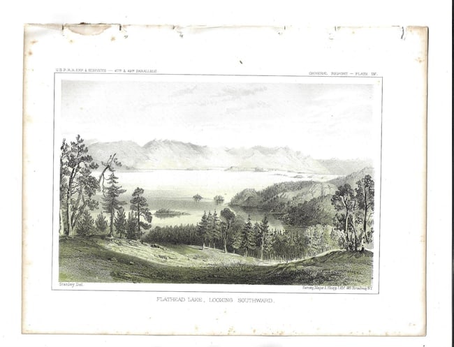 1860 Engravings Falls of Spokane Flathead Lake: DescriptionTwo lithographic engravings on heavy paper of "Falls of Spokane" and "Flathead Lake, Looking Southward", printed by Sarony Major New York, 1860. Very Good, each measures 11.5 x 9".Reserve: 