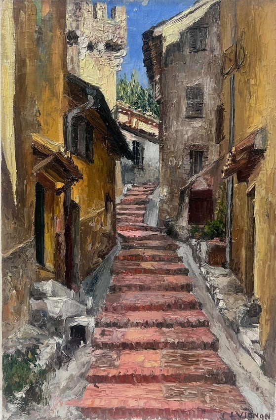 1940's French Post Impressionist Oil Painting Village Street Pink Steps Leading 1950s (1 of 1)