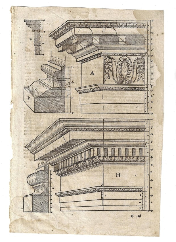 1579 Woodcut Leaf Architecture Hans Blum: [Architecture] A leaf from "Ein Kunstrych Buch von Allerlen antiquiteten..", printed at Zurich by Chrystoffel Froschower (Froschauer), circa 1579. Full page woodcut with text on verso, Very Good with 