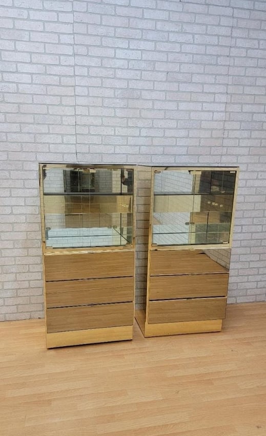 Mid Century Ello Smoked Mirrored 2-Tier Display Cabinet Chests - Pair (1 of 1)
