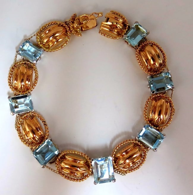 Aquamarine Bracelet Vintage 16.40ct (7) emerald cuts 18kt chain link+ (1 of 1)