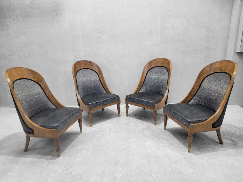 Vintage Biedermeier Style Burlwood Spoon-Back Slipper Chairs by Michael Taylor For Baker Furniture: Vintage from before 2000 Materials: burlwood, wood, fabric Overall width: 24.5 inches Overall height: 38.5 inches Overall depth: 19.75 inches Seat height: 15.5 inches Seat depth: 27.5 inches " V