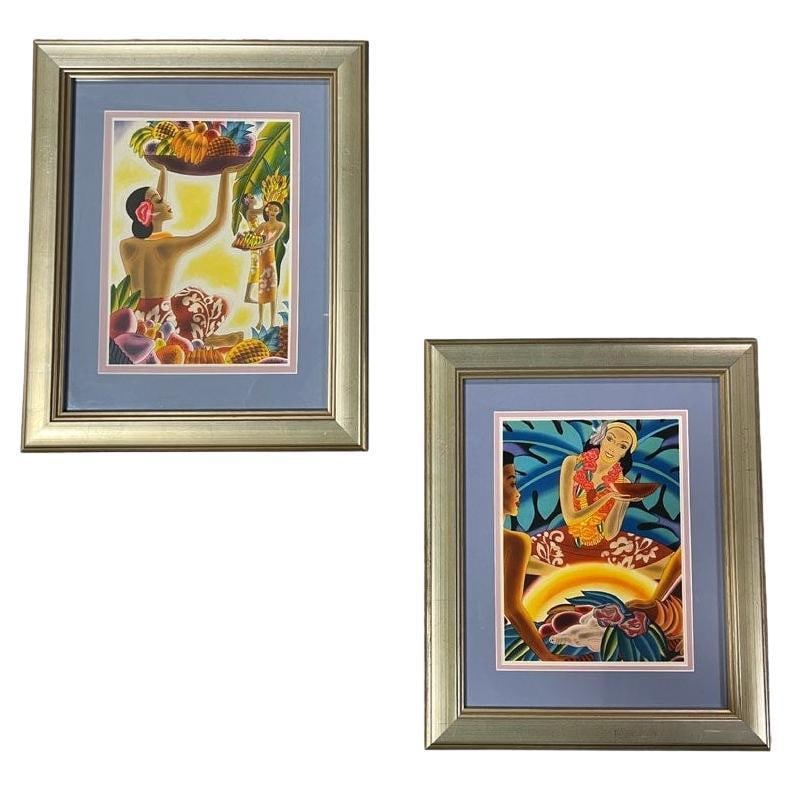 Art Deco Frank Macintosh Fruit Harvest & Hawaii The Luau Menu Covers Framed Pair: About the Item Original 1938 Frank Macintosh "Fruit Harvest" & "Hawaii The Luau" Lithograph menu covers are beautifully framed in gold frames with double blue and purple matting. Frank McIntosh was bo