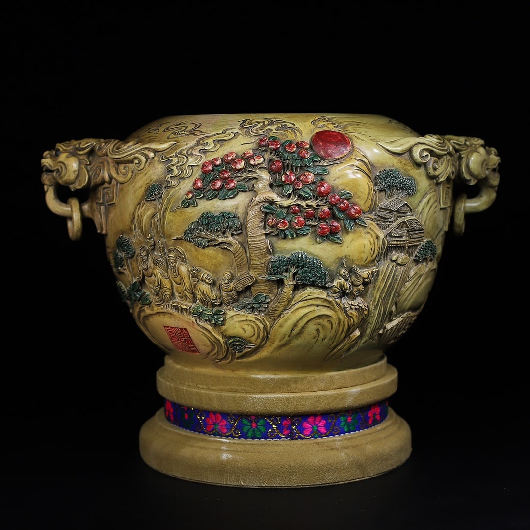 Old Chinese Qing Dynasty Shoushan Stone High Relief Sages Meeting Double Ring Incense Burner w (1 of 10)