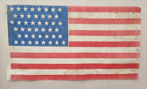 Rare pattern American Flag 45 Star 22 x 12" printed: Printed flag representing the state of Utah. Admitted into the union 1896 and ratified July 4th, 1896. Rare pattern in that it is not typical 878787. Almost an hourglass shape. Starched cotton