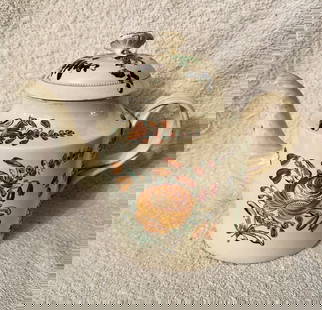 Large Flower-Decorated Creamware Teapot c1820: This large creamware teapot has ‘everything’: extensive and well-done hand-decorated flowers, molded leaf decoration on the pot where the handle connects, twisted and molded strap