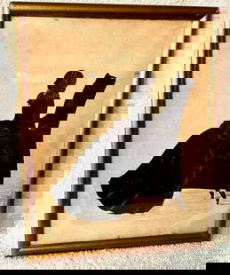 Full-Length Silhouette of Seated Woman c.1850: This full-length silhouette of a seated woman dates to the mid-19th century. The woman, in a long dress or gown and bonnet, is sitting in a Victorial-style armchair on castors. There are gold