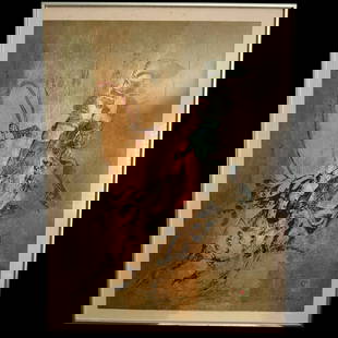 HOI LEBADANG "Circus I" Limited Edition Commissioned Lithograph 7/275, Signed Certified Guild: An exclusively commissioned vintage limited edition lithograph "Circus I" by Hoi Lebadang (Vietnamese, 1922-2015). Depicting a man with maiden riding horseback. Framed in painted metal frame . Wired