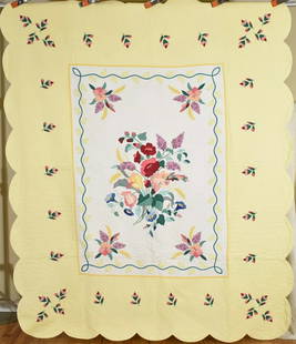 Vibrant 30's Floral Bouquet Applique Quilt: This GORGEOUS cotton 30's floral bouquet quilt is all hand appliqued and hand quilted, with hand embroidered accents and a scalloped edge. The pattern is unusual and colorful, with lilacs,