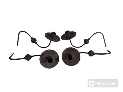 18TH C CHANDELIER ARMS: Forged iron, downswept design with dished drip pans & folded edge candlecups with cleanouts. Squared ends for insertion in chandelier hub. Worn oxidized surfaces with remnants of original black