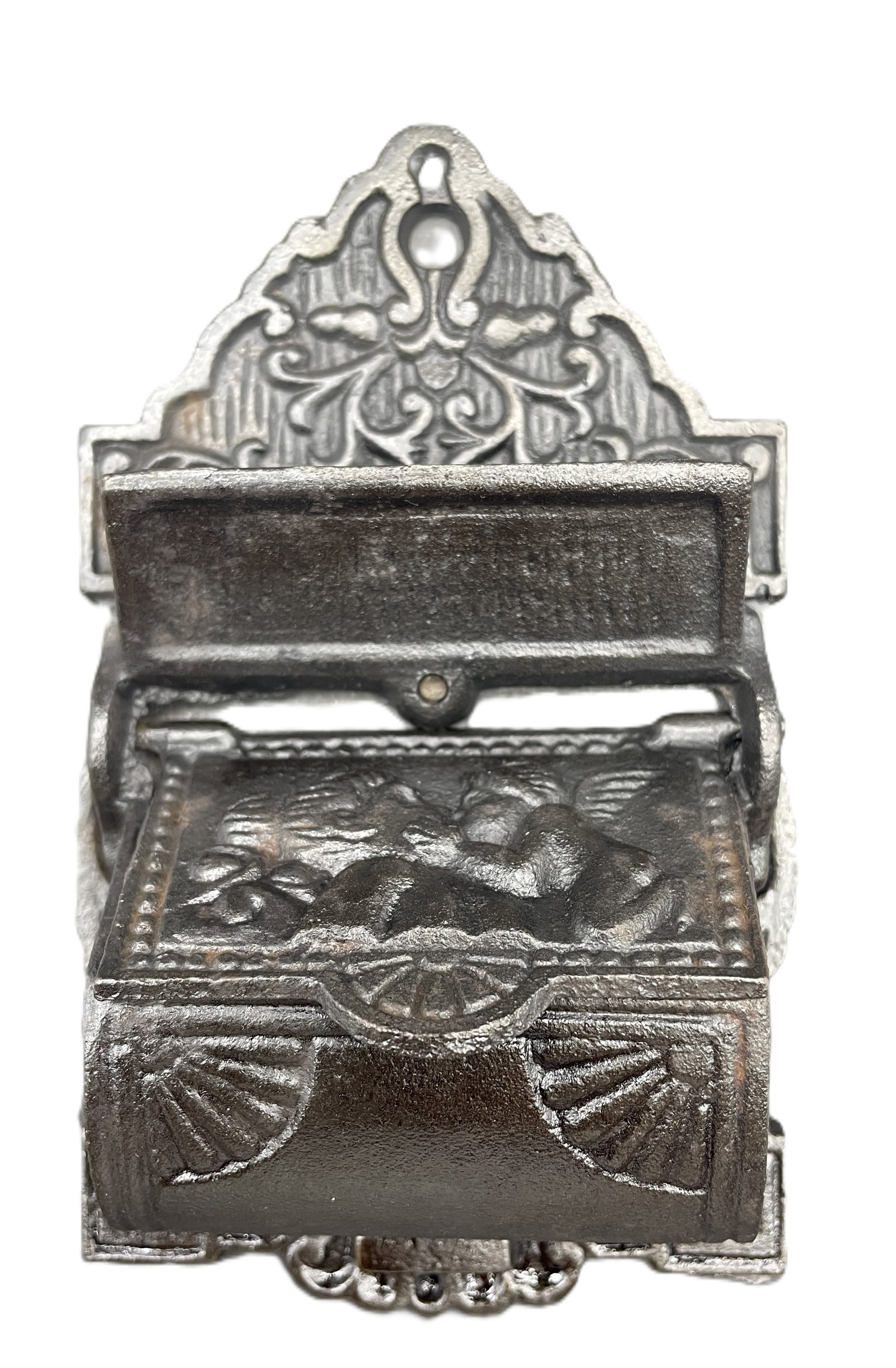 VINTAGE GRISWOLD CAST IRON MATCH SAFE HOLDER W/ CHERUB DOUBLE POCKET WALL MOUNT (1 of 8)