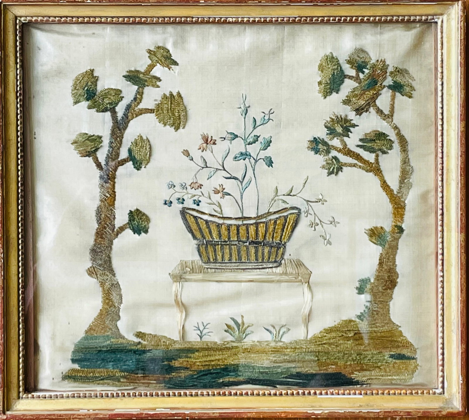 Silk embroidery American C. 1810--Bunny Mellon's collection: Bunny Mellon was a famous horticulturalist, gardener, philanthropist, and art collector, who passed away at 103 in 2014. She was a great friend of Jacqueline Kennedy and designed the White House 'Rose