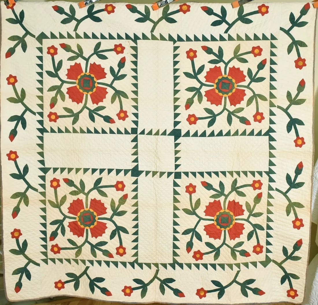 1880's Red & Green Whig Rose Applique Quilt (1 of 9)
