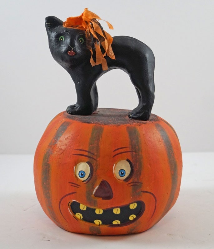 Vintage Halloween Black Cat and Jack-O-Lantern: Title: Vintage Halloween Black Cat and Jack-O-Lantern Dimension: 7 7/8” tall x app. 5 ¼” diameter Date: Ca. 1970’s. Additional Information: Highly decorated Vintage Black Cat st
