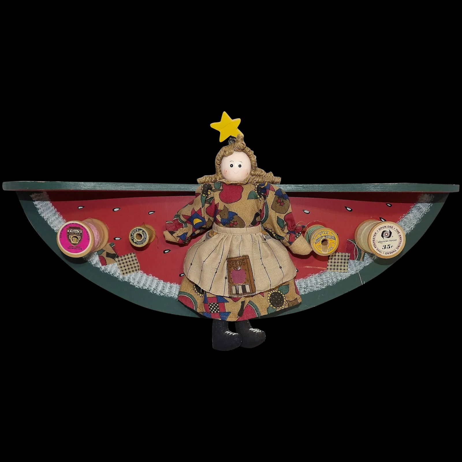 Folk Art Shelf with Doll and Wood Thread Spools (1 of 7)