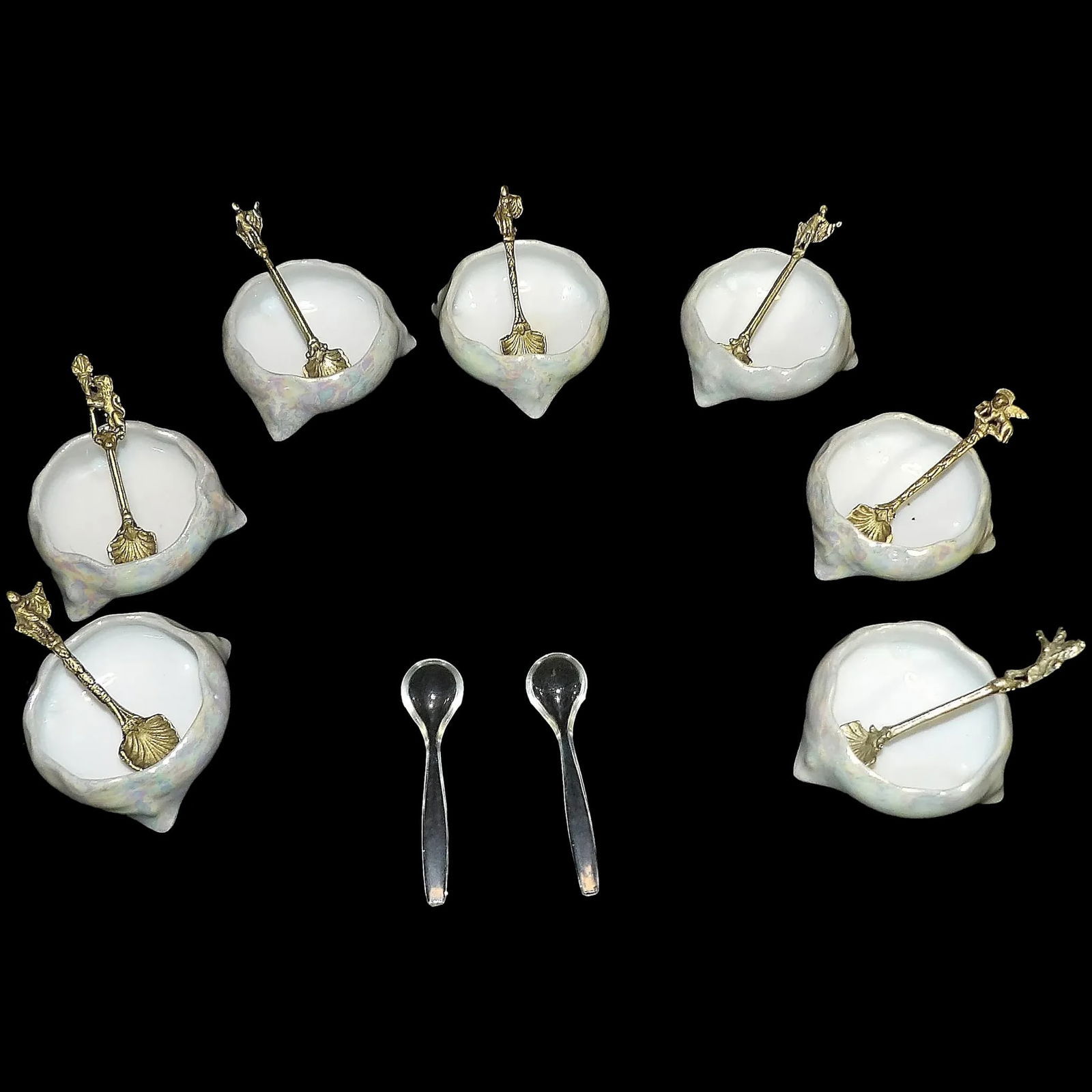 Antique Victorian Austria Vienna Porcelain Iridescent Salt Cellars with Spoons: This group of 7 Antique Victorian Austria Vienna Porcelain Iridescent Salt Cellars with Spoons are in excellent condition. They come with 7 brass salt spoons –some are marked Italy, all are same