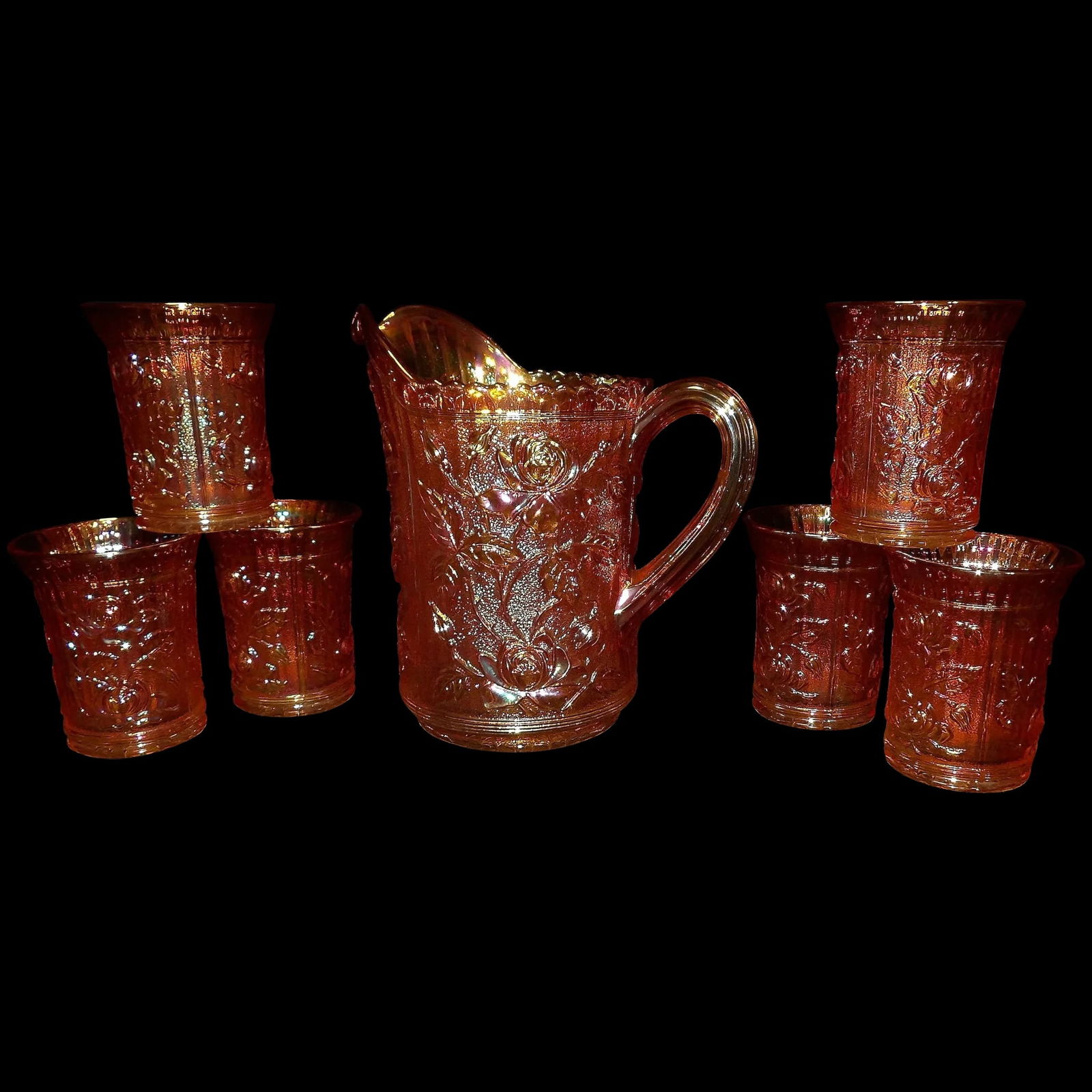Vintage Imperial Glass Luster or Open Rose Marigold Carnival Glass Pitcher and 6 Tumblers (1 of 12)