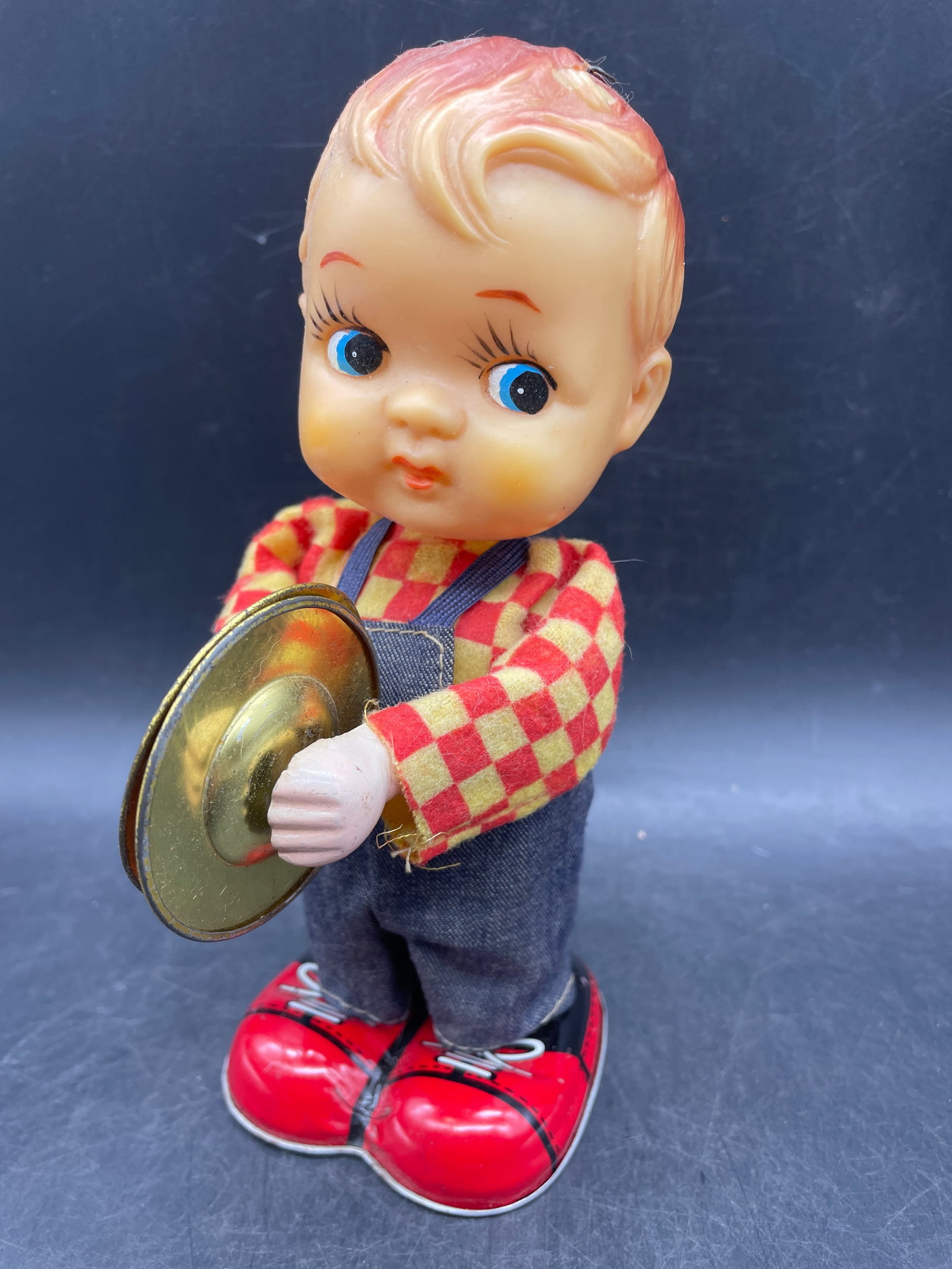Vintage Wind Up Boy Playing Cymbals Moving Toy: Title: Vintage Wind Up Boy Playing Cymbals Moving Toy Date/Period: unknown Dimension: Approx 7" Material: mixed materials Additional Information: Vintage Wind Up Boy Playing Cymbals Moving Toy Watch m