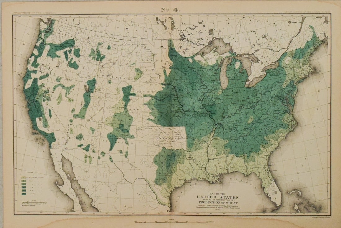 1880 Map of US Wheat Farming -- Map of the United States Showing the Distribution of Production of: Title: 1880 Map of US Wheat Farming -- Map of the United States Showing the Distribution of Production of Wheat in Bushels per Capita…at Tenth Census Cartographer: Department of Interior Year / 