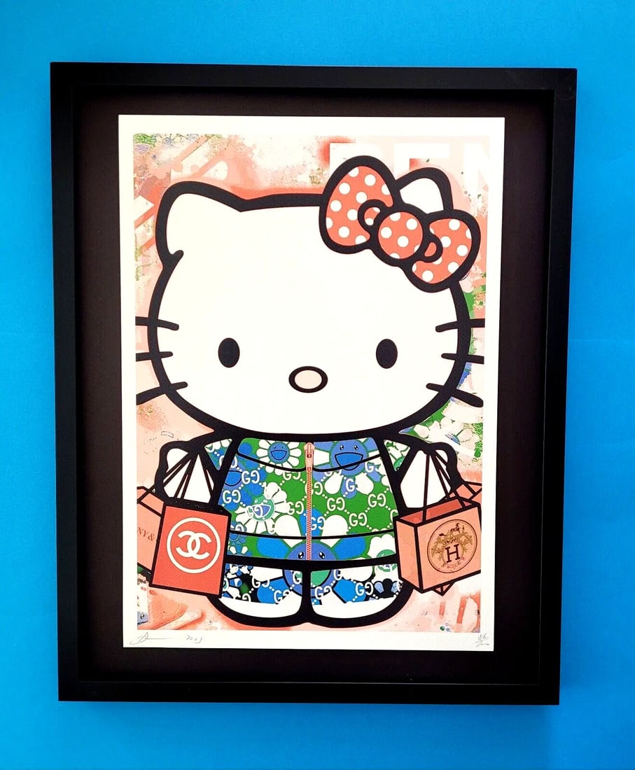 Death NYC Large Framed 16x20in Pop Art Certified Hello Kitty Fashionista FL: Up for Sale this Beautiful and Scarce Print by Pop Art Graffiti Master Artist Death NYC Hand Signed in Pencil Numbered X/100 or Proof This piece is mounted on a 20 x 16 in. black acid free black board