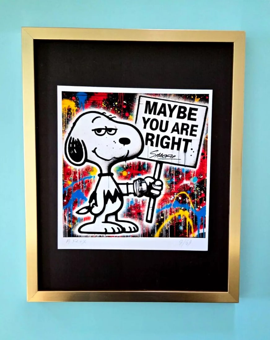 AIDAN FLUX Hand Signed Authentic Print 14x11in. Framed Snoopy | COA: This is a one-of-a-kind Hand Signed Authentic Giclee by AIDAN FLUX. From his Series "American Icons" The artist has created a stunning piece of art that features a powerful message about women's empow