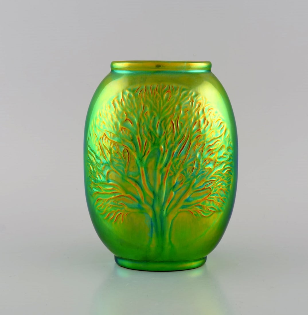 Zsolnay vase glazed ceramics with tree in relief. Beautiful luster glaze. 20th century. (1 of 6)