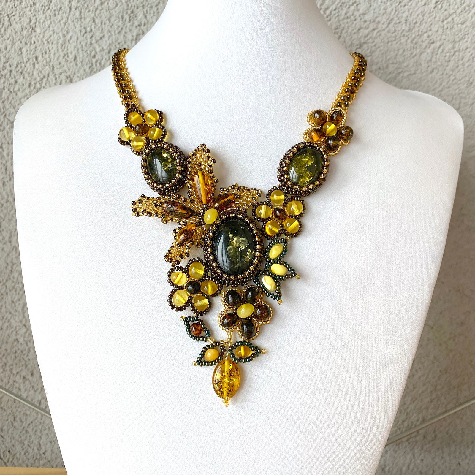 Astonishing Vintage Amber Floral Necklace made from leaf like bead ornaments (1 of 9)