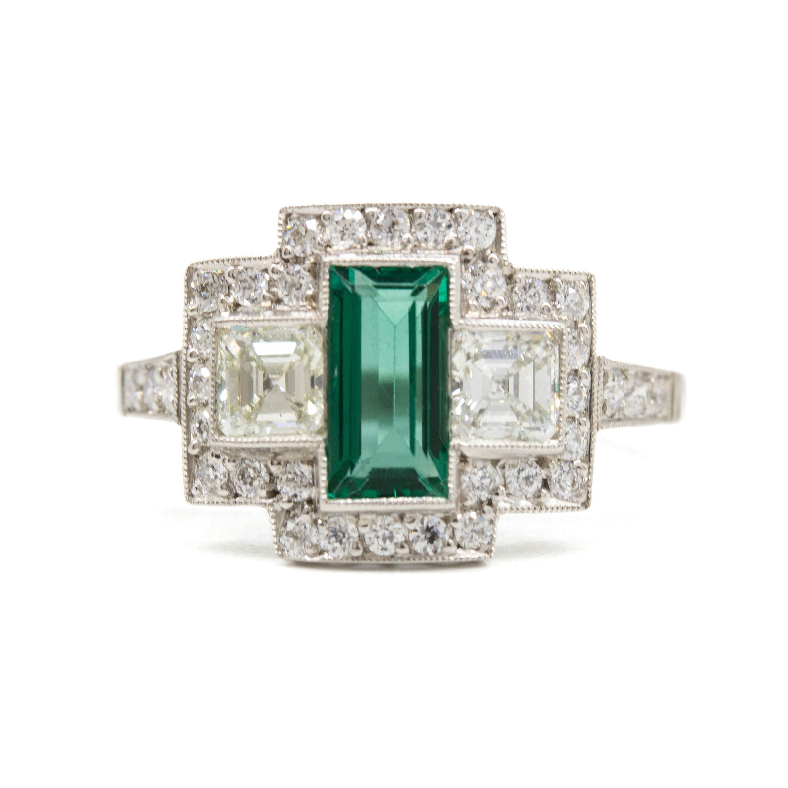 Art Deco Platinum Natural Emerald and Old Mine Cut Diamond Ring (1 of 7)