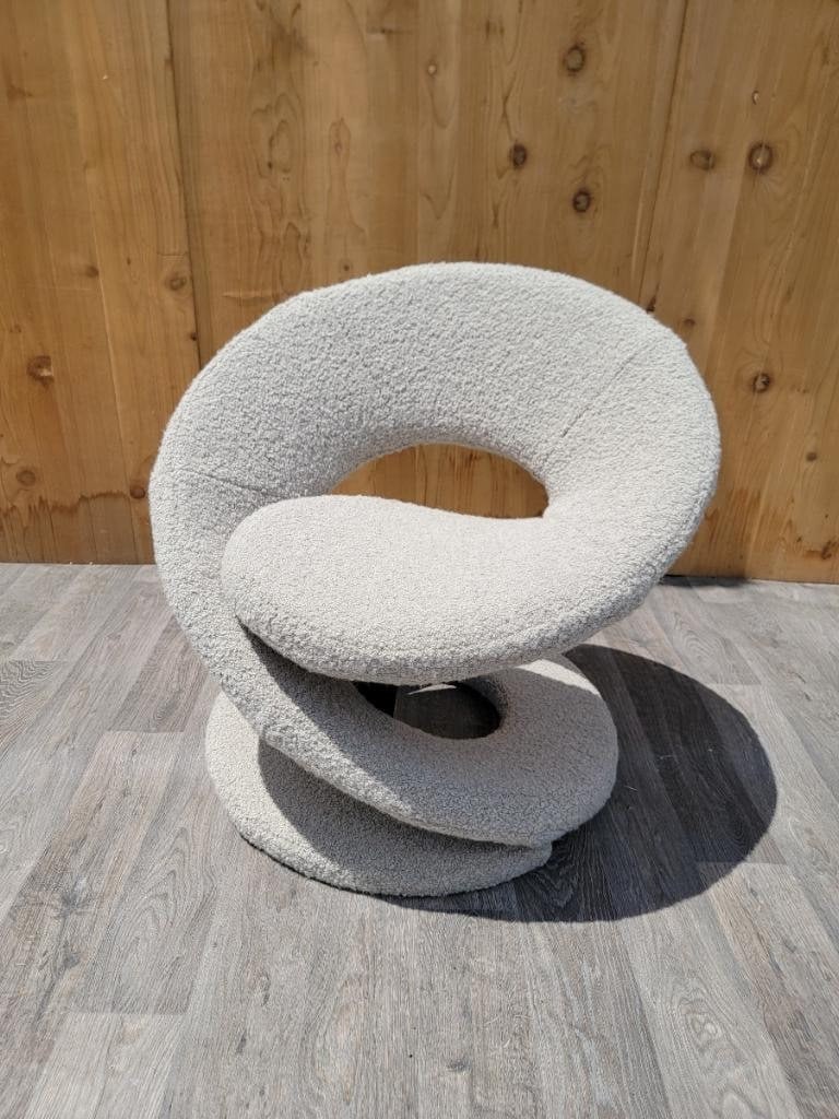 Vintage Postmodern Louis Durot Style Spiral Ribbon Lounge Newly Upholstered in Boucle: Vintage from the 1980s Materials: Boucle Overall width: 33.5 inches Overall height: 31 inches Overall depth: 29 inches Seat height: 18 inches Seat depth: 21 inches " Reserve: $1,277.00